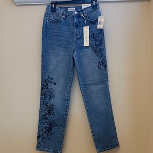 Nicole Miller Blue Straight Leg Jeans with Floral Design